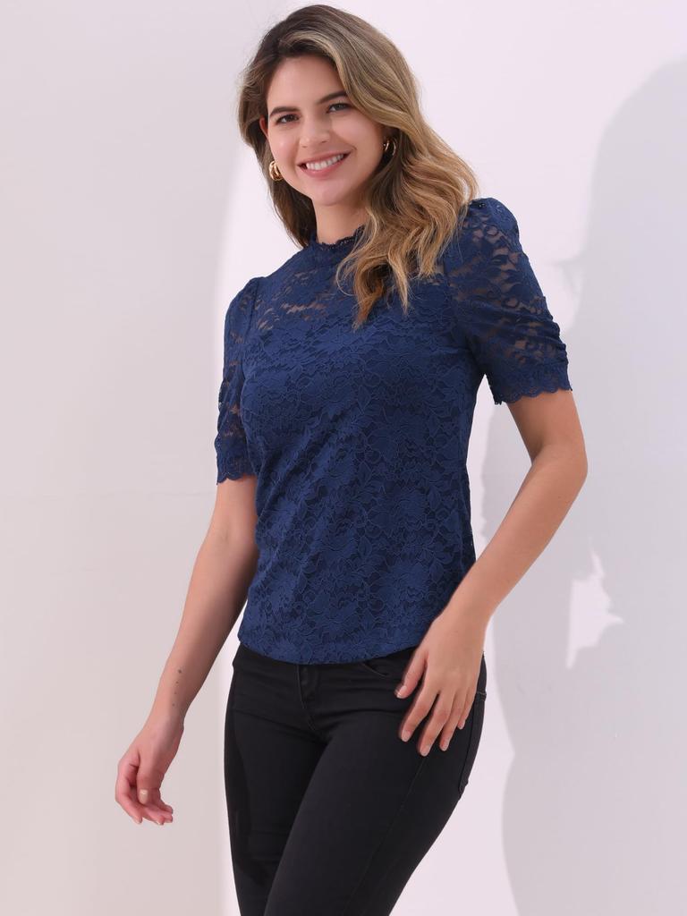 Allegra K Floral Lace Mock Puff Short Elegant Lace Dark Size S Women's Top, Neck, Sleeves, Sleeves, Dressy, Blouse, Blue,