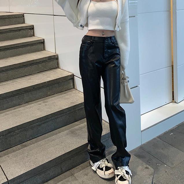 

Miss Titi Versatile Black PU Leather Slimming Straight-Leg Pants for Women Medium