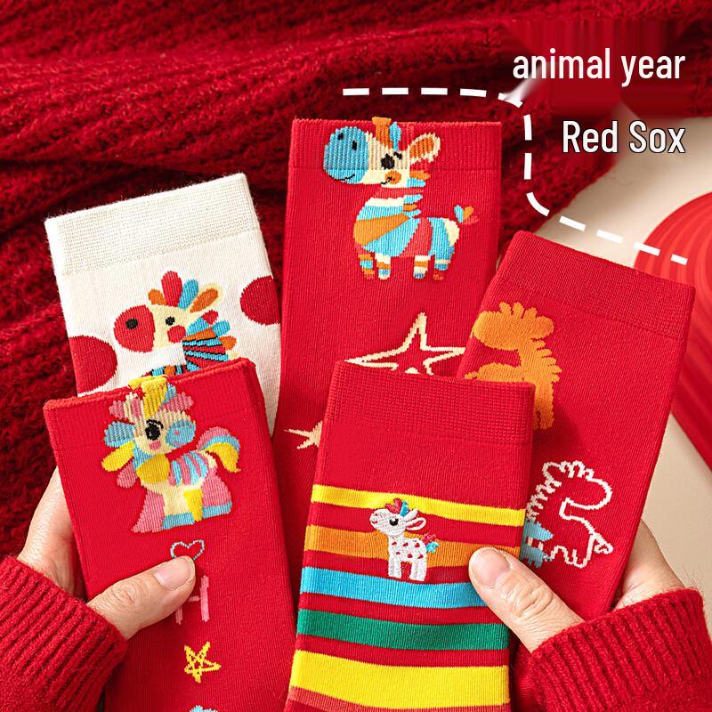 YUZHAOLIN Women s Red Lucky Horse Mid-Calf Cotton Socks (4 Pairs) One Size