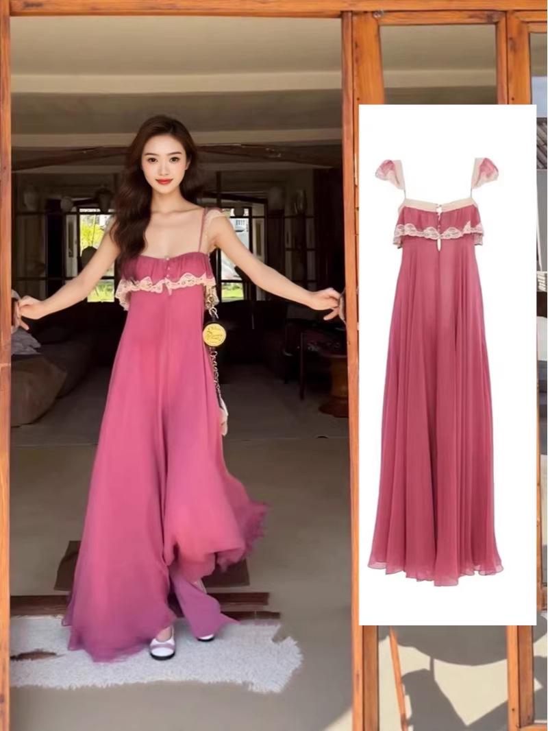 

In Stock: 2026 New Yi Mengling Pink Chiffon Lace Floral Trim Camisole Dress - Women s Sexy Summer Long Dress S рожевий