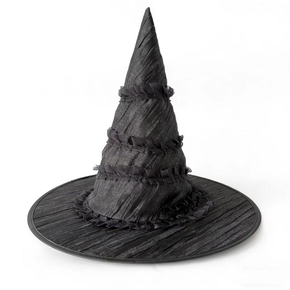 Wrinkled Halloween Hat Gothic Large Brim Lolita Witch Hat Removable Tall Pointed Cone Top Ruched Masquerade Cap School Event