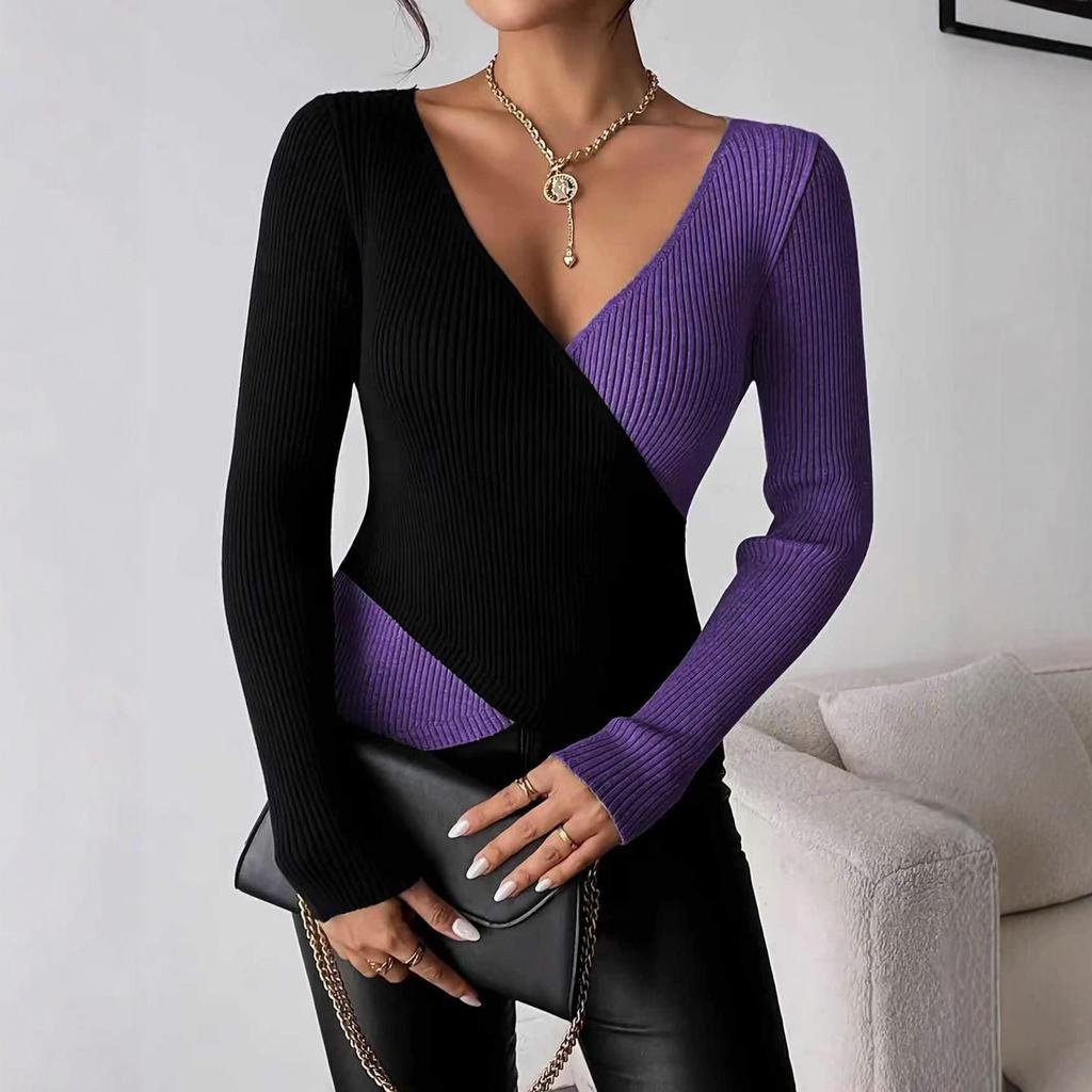 Pull Tricoté Élégant Col V Bloc de Couleurs 2025 - Top Automne/Hiver à Manches Longues pour Femmes