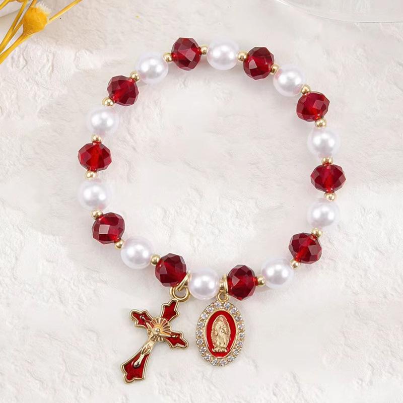 Retro Virgin Mary Pendant Pearl Bracelet with Oval Charm and Flower Design for Women