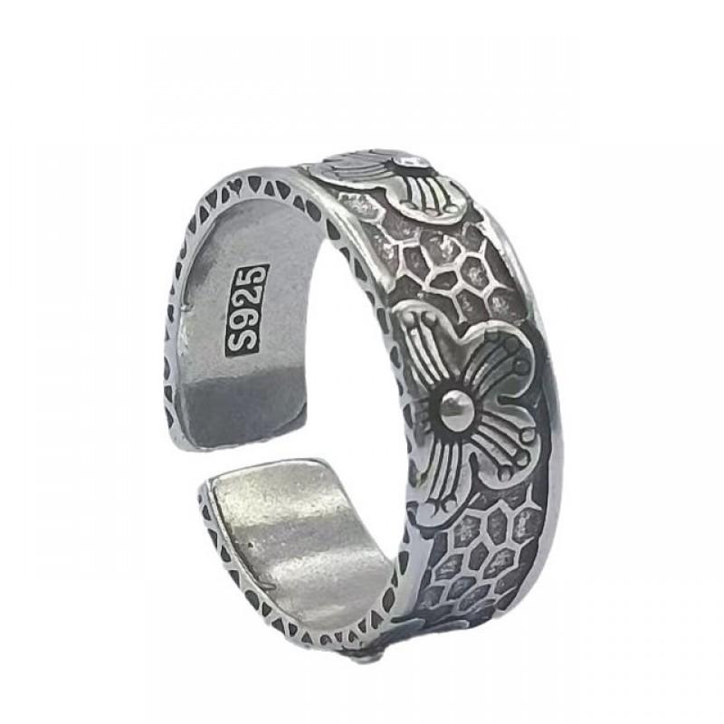 Handcrafted Sterling Ring With Cherry Blossom Motif Vintage Hammered Texture Adjustable Unisex Band