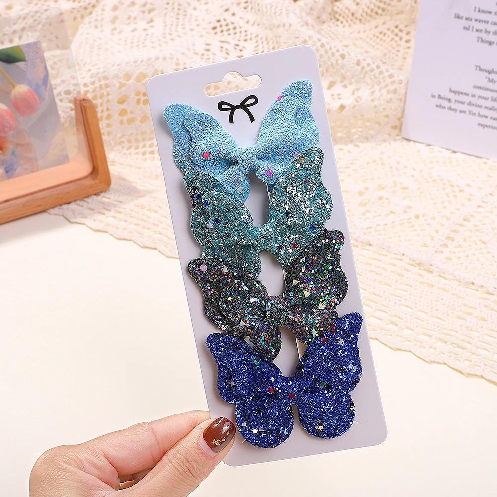 4Pcs/set Cute Sequins Double Butterfly Hair Bows Clip for Baby Girls Leather Kids Hairpins Barrettes Headwear Hair Acesssories