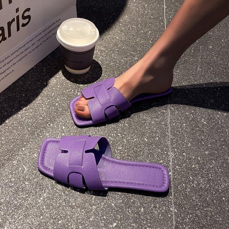 Korean version of solid color flat-bottomed slippers women's slippers European and American square head breathable one pedal home slippers women