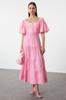 Women's Style Dress Pink Square Neck Maxi Woven Dress with Opening Waist and Back Detail
