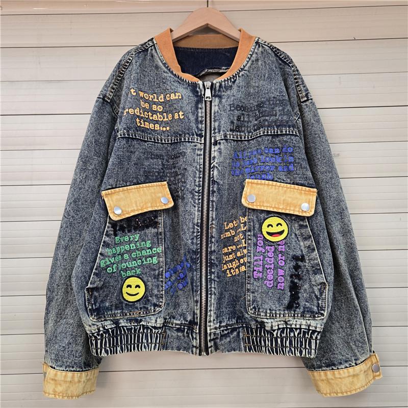 Модная джинсовая куртка в американском стиле с вышивкой в виде мультяшных персонажей - Короткий модный стиль One Size