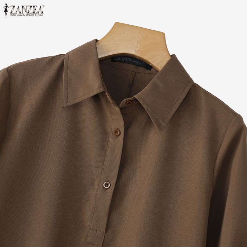 ZANZEA Women Casual Turn Down Collar Solid Color 3/4 Sleeve Loose Dress