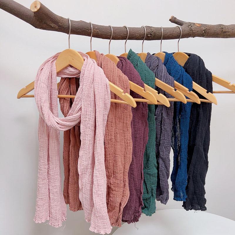 Thin Ramie Pleated Scarf Narrow Slender Cotton And Linen Japanese Literary And Artistic Solid Color Summer Neck Protection Small Shawl