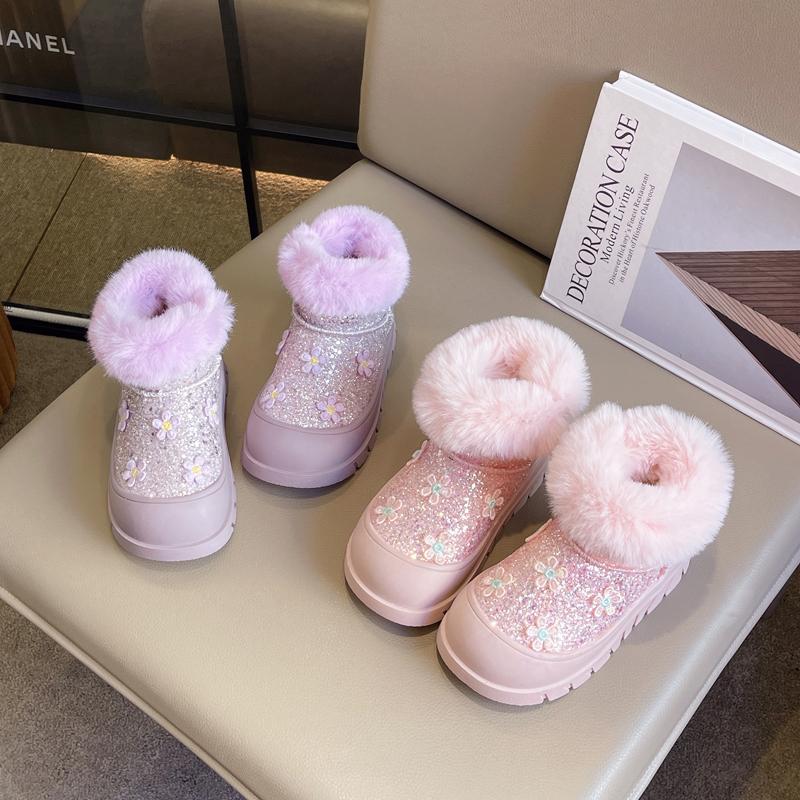 Girls Snow Boots Thick Bottom Shine Rhinestones Winter Children Warm Cotton Shoes with Flowers Kids Princess Boots Anti-Slippery