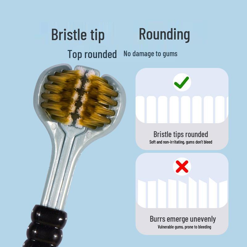 Tri-Head Soft & Hard Bristle Adult Toothbrush with 3D Tongue Scraper