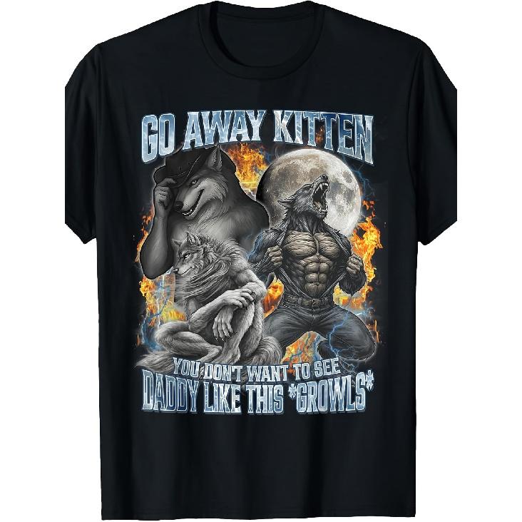 Retro Funny Offensive Werewolf Meme T-Shirt - Go Away Kitten Bootleg Graphic Tee Suitable for Casual Wear, Machine Washable Round Neck Shirt with S чёрный