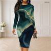 Women Plus Size Round Neck Long Sleeve Colorful Printed Bodycon Midi Dress