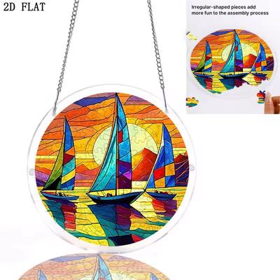 2D Flat - 2D Plane, Acrylic Jigsaw Puzzle, Designed with a Stained Glass-Style Sunset Seascape Sailboat Theme, "Sun Catcher", Suitable for Courtyard O
