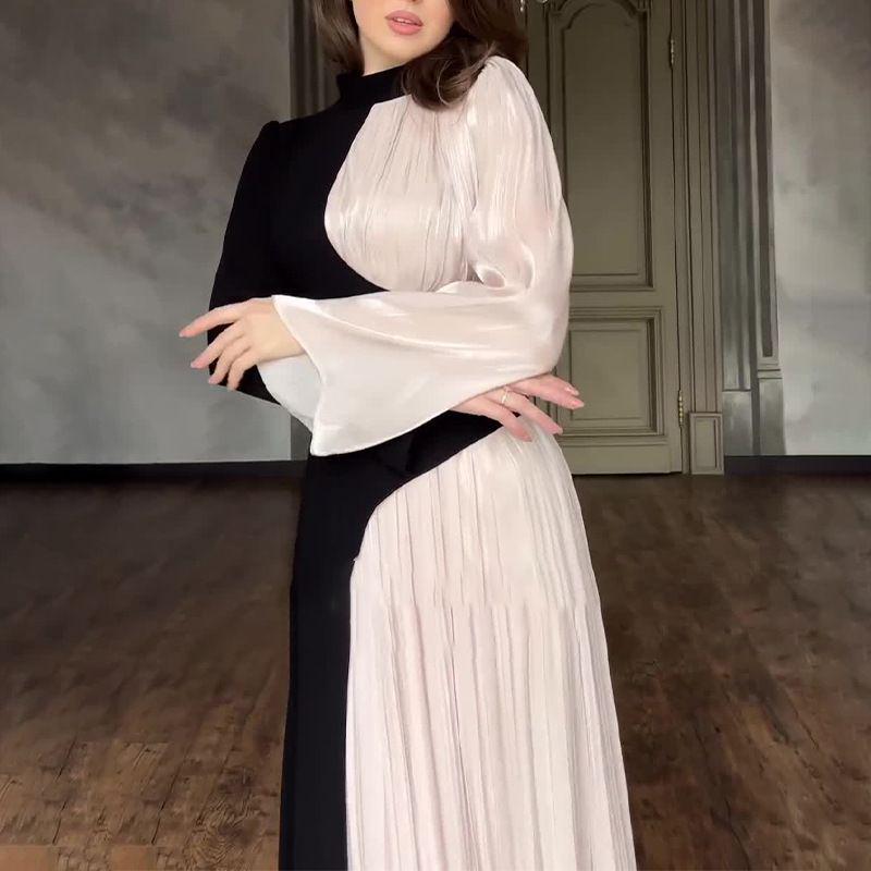 2024 Autumn/Winter Women's European Retro Color Block Slimming Long Sleeve Evening Dress