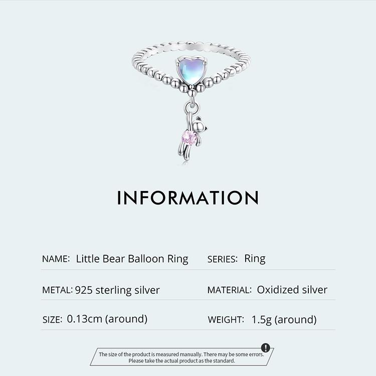 WOSTU 925 Sterling Silver Shining Pink Zircon Little Bear Balloon Ring for Women Birthday Gift Jewelry