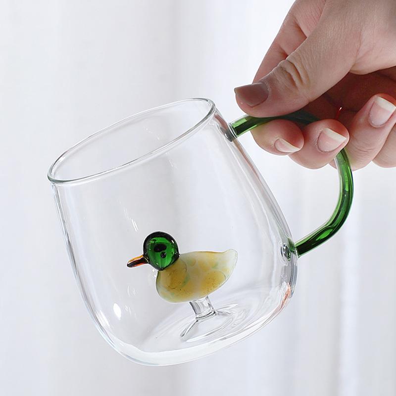 Ceașcă de sticlă creativă 3D cu animale/flori, cu mâner, cu un singur strat de borosilicată înaltă, ceașcă de cafea și lapte, drăguță, transparentă, de vară