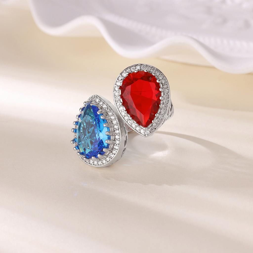 Hot-selling colored zircon double water drop ring for women's exaggerated high-end light luxury full diamond ring jewelry retro