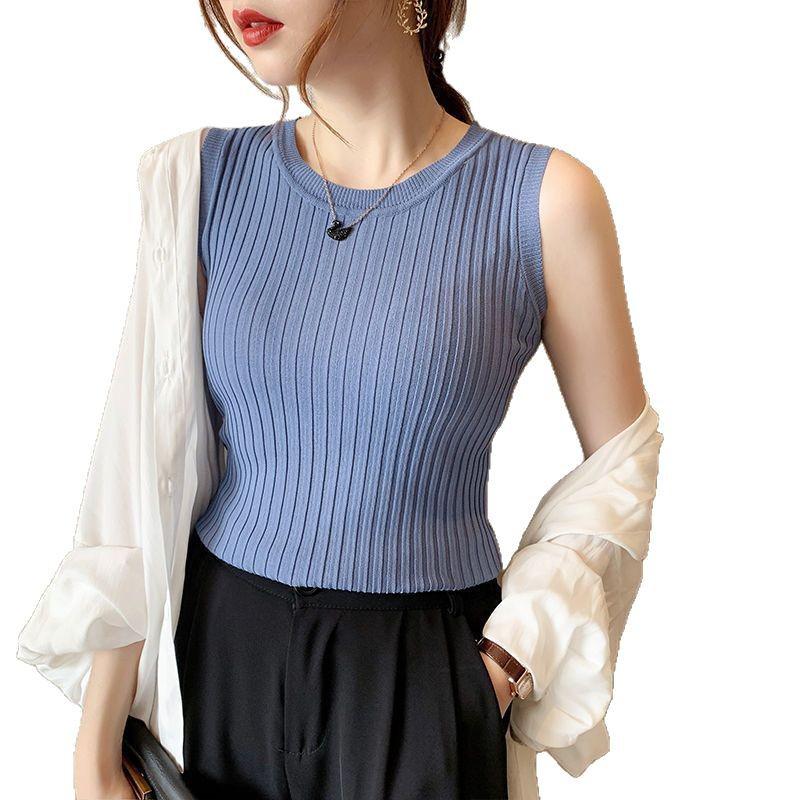 Ice Silk Korean-Style Sleeveless Camisole Tank for Women – Summer Knitted Round Neck Versatile Base Shirt