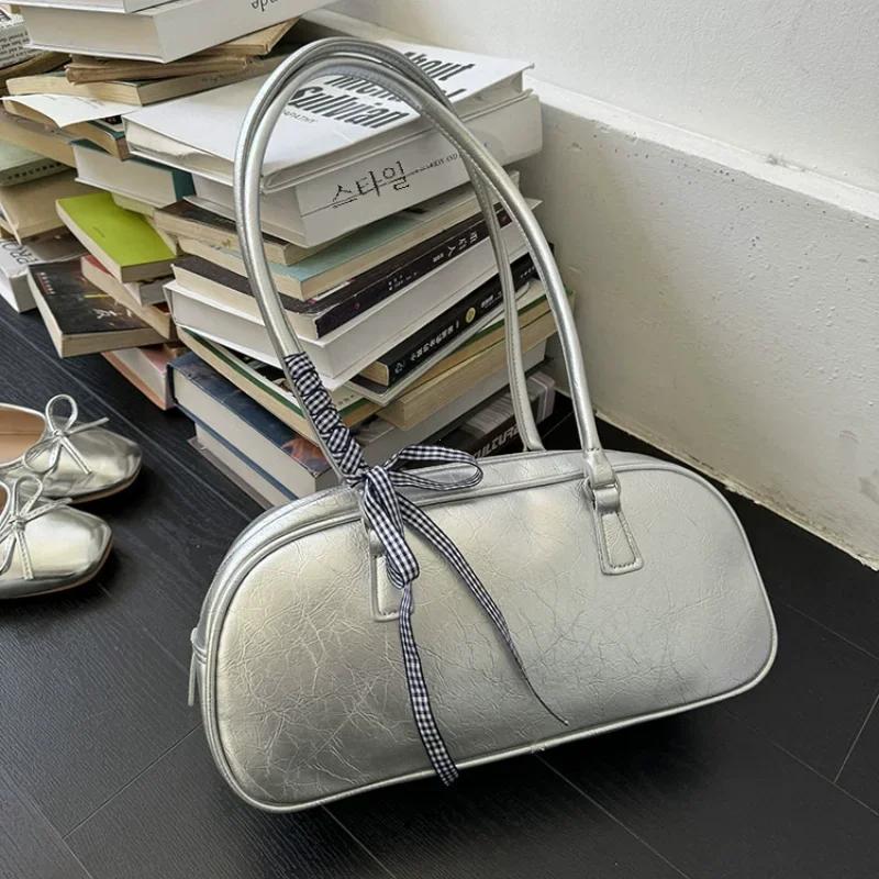 Large Capacity Silver Bag Women Portable Pillow Bag All-Match Shoulder Underarm Bag Women'S Handbag Casual Boston Commuting Bags