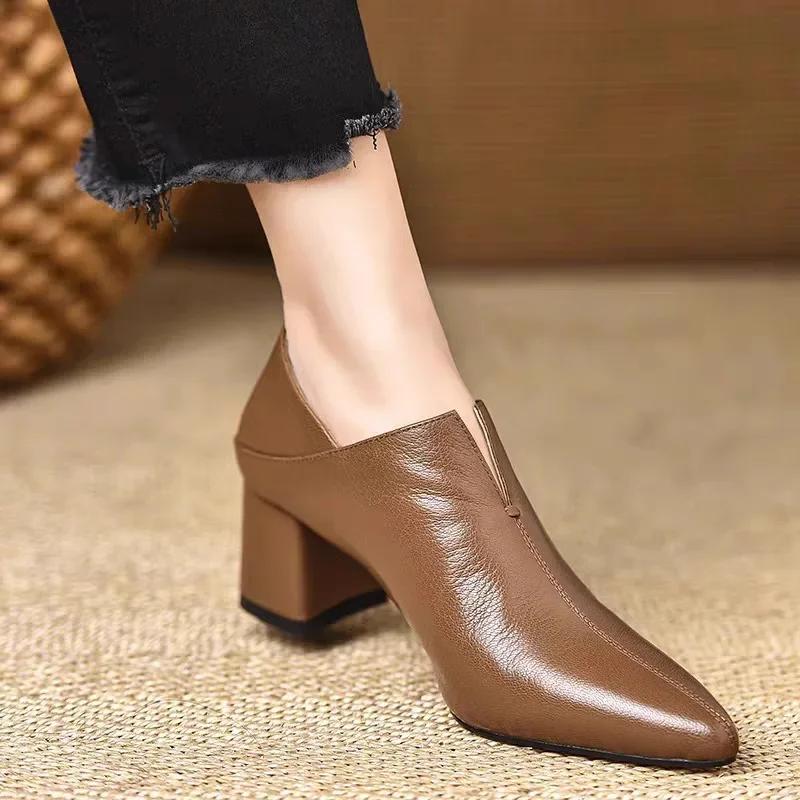 Comfortable Black Soft Leather 5.5cm High Heels Pointed Toe Chunky Heel Women's Shoes Versatile Deep Mouth Single Shoes