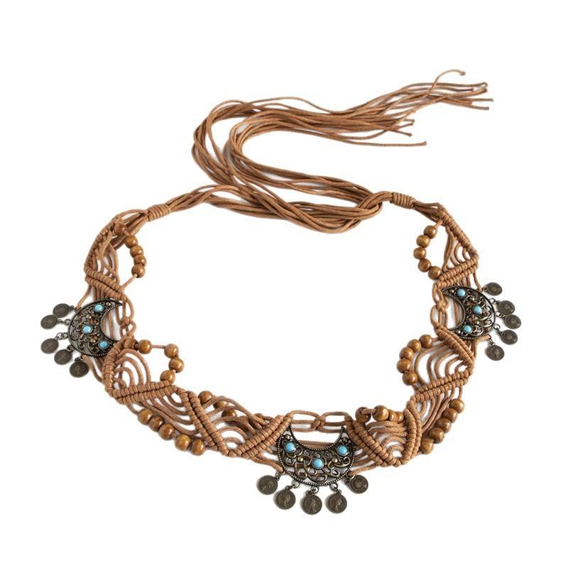 Bohemian Waist Belt Ethnic Style Handwoven With Coin And Moon Details For Vacation Wear