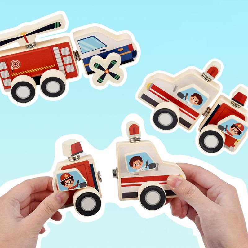 Traffic Vehicle Buckle Style Assembly Blocks, Wooden 3D Puzzle,  Fire Truck, Ambulance, Police Car, Helicopter Puzzle, As Gift