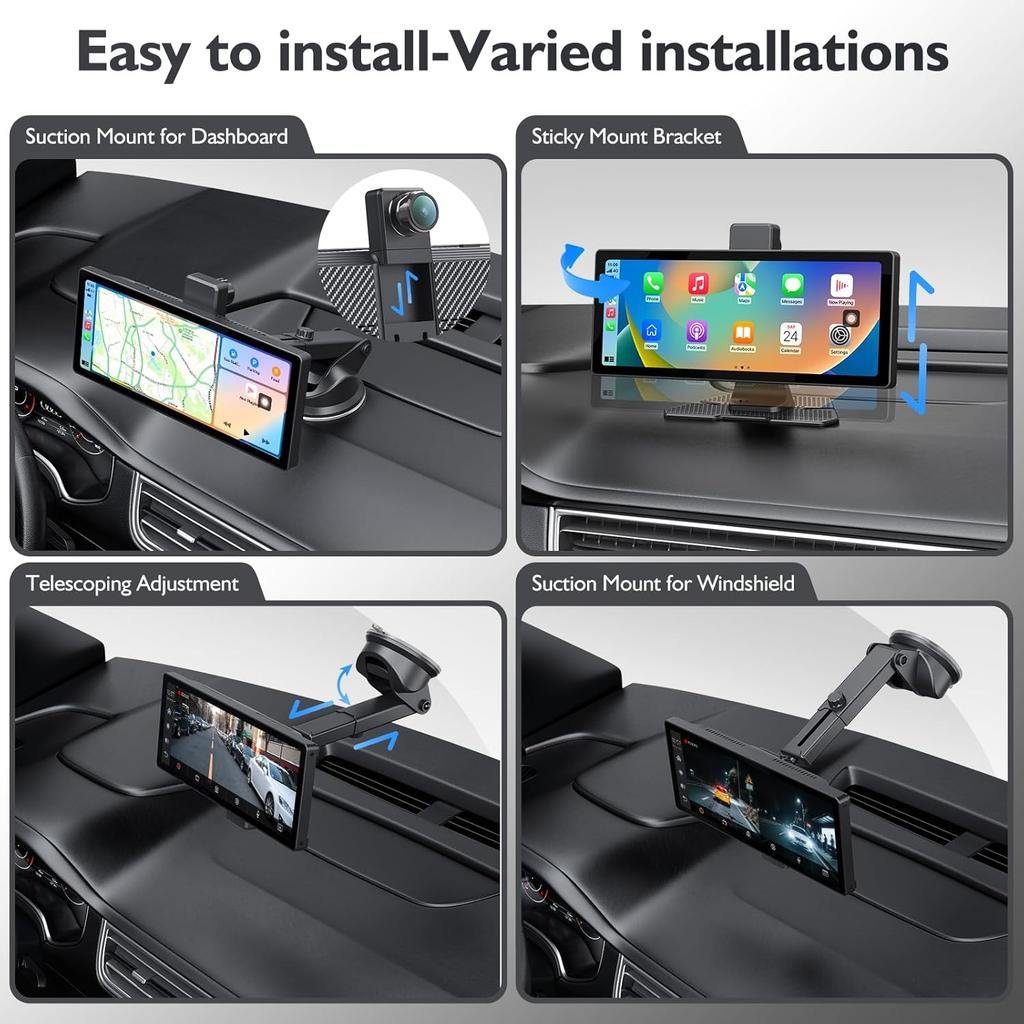 10.26" Portable Wireless Carplay Screen for Car, 4K HD Car Stereo Touch Screen with Apple CarPlay/Android Auto, 4K Dash Cam, 1080P Backup Camera,