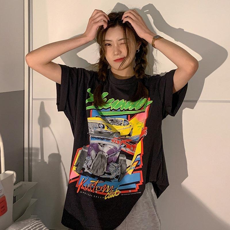 Pure cotton spring and summer loose medium and long retro printed short-sleeved t-shirt women's trend