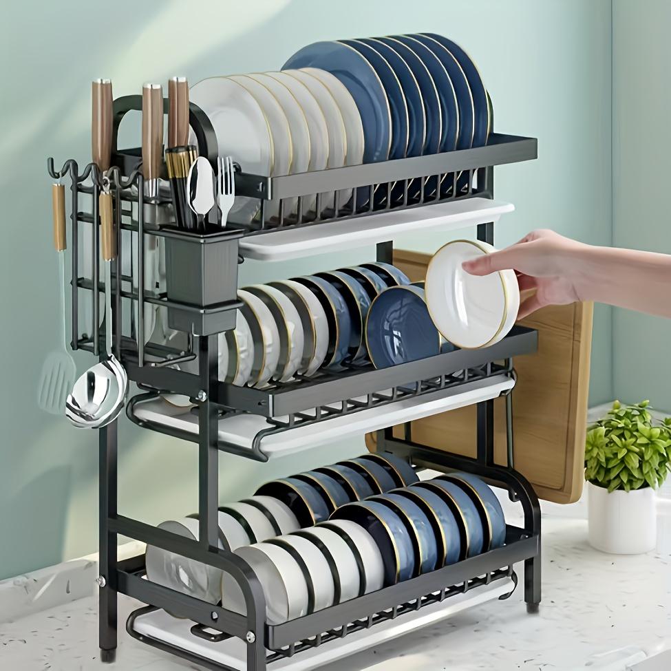 1 Set Premium Carbon Steel 3-Tier Dish Rack with Drainboard - Large Capacity Kitchen Organizer for Dishes, Utensils, Cutlery & Chopping Board Storage