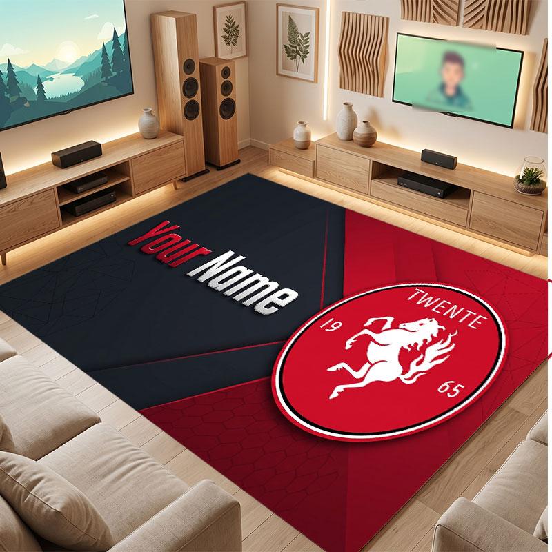 Tappeto in Cristallo di Velluto Personalizzato FC Twente, Stampa Testo Nome Personalizzato, Logo Calcio Morbido Antiscivolo Tappetino per Pavimento Decorazione Casa Regalo