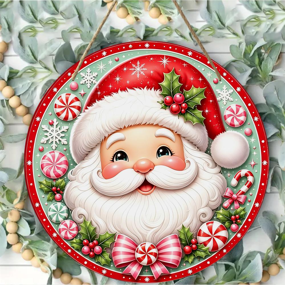 Festive Santa Claus Pattern Round Wooden Hanging Plaque Decorative Indoor Wall Sign Christmas Party Ornament for Home Holiday Decor Front Door