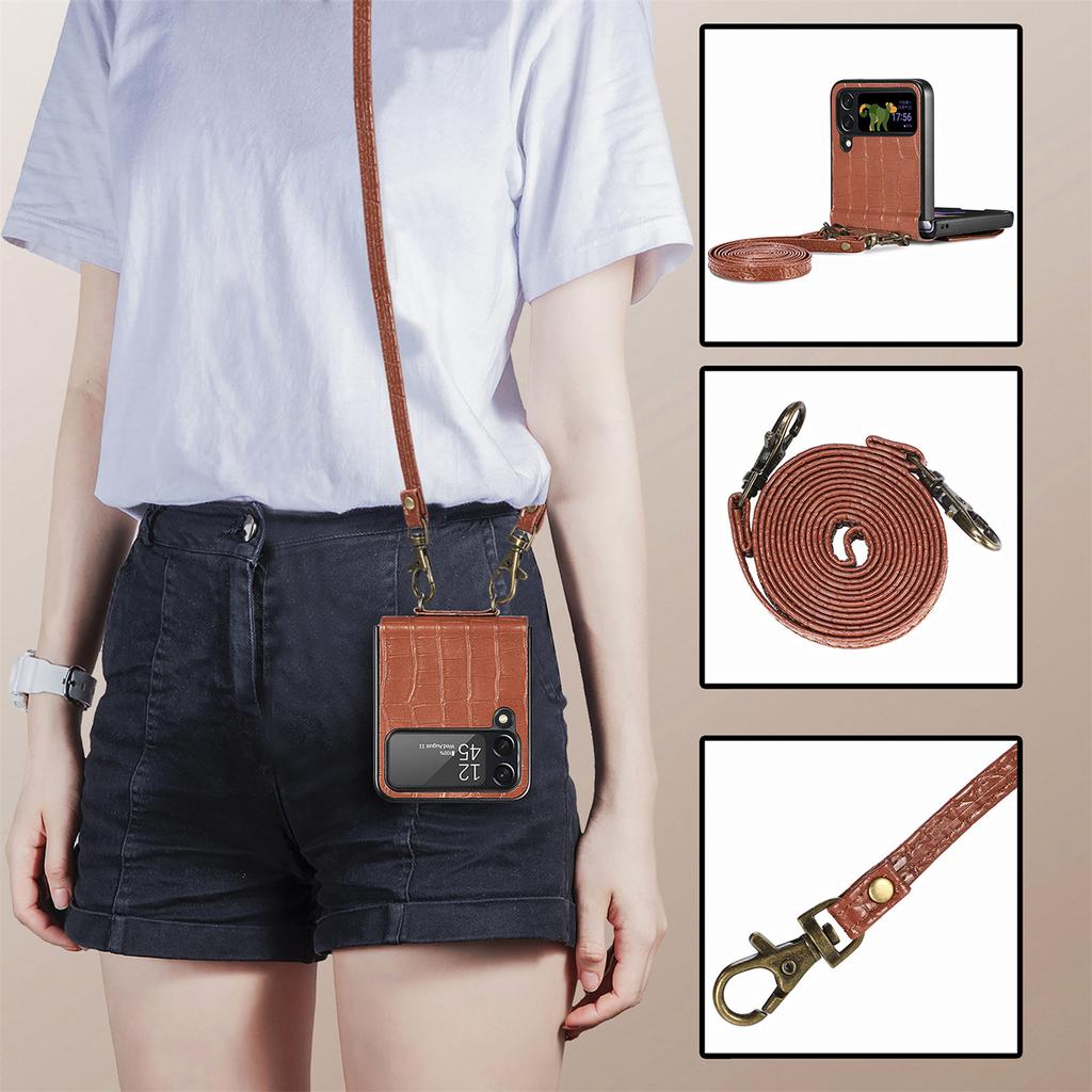 Cards Solt Leder-Crossbody-Lanyard-Hülle für Samsung Galaxy Z Flip 4 5G Flip4, Krokodilmuster, Standfunktion, Brieftaschen-Rückseite