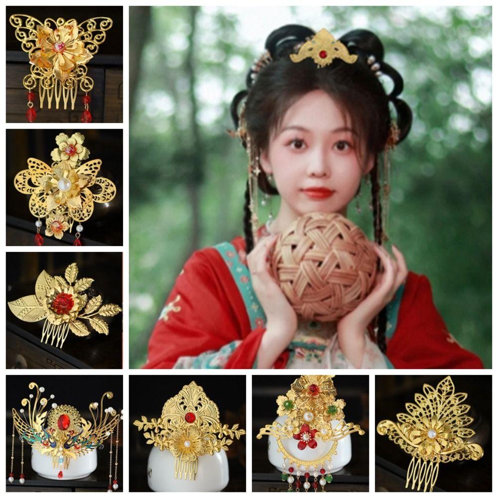 Gold Chinese Style Hairpin Floral Women Hair Stick Luxury Hanfu Hair Comb  Girl