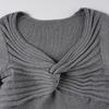 Women's European & American Style Grey Twist Slim-fit Pleated V-neck Long Sleeve Top