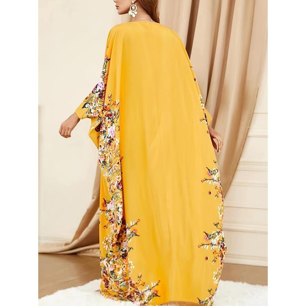 Ramadan-Kaftan mit Blumendruck und Rundhalsausschnitt, elegantes Maxikleid mit Fledermausärmeln und Schlitz, Damenbekleidung
