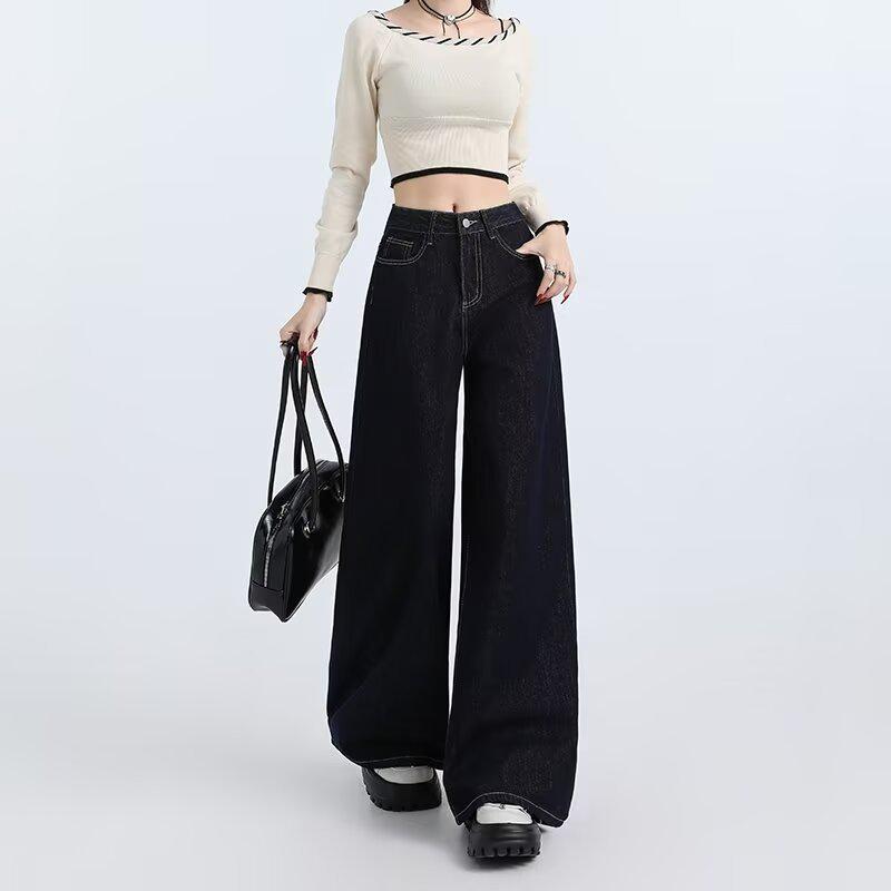 

Ретро Джинсы с высокой талией и широкими штанинами для женщин - Коллекция Осень 2024, Универсальные, Свободные и Длиной до пола 3XL темно-синий