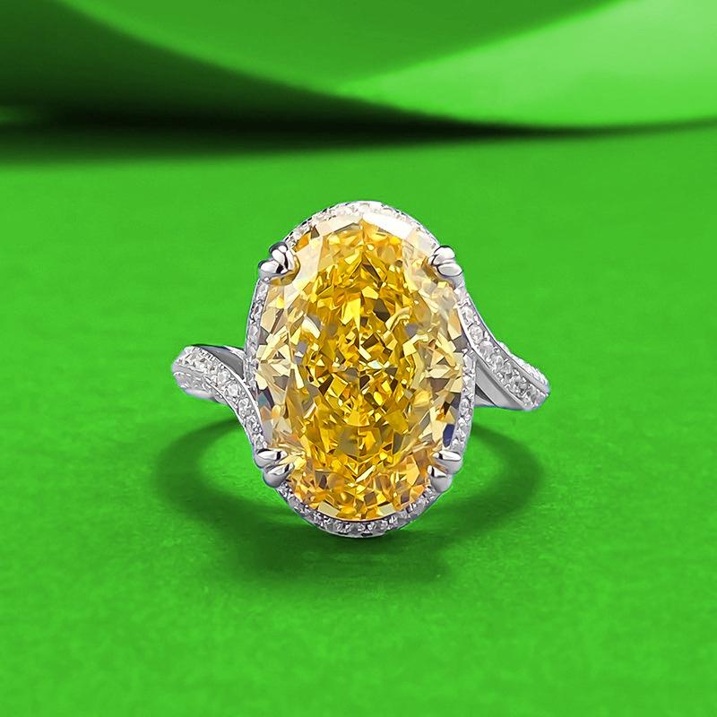 Zhuo Zhi Fan S925 Sterling Silver Yellow Oval Diamond Ice Flower Cut Ring Size 9