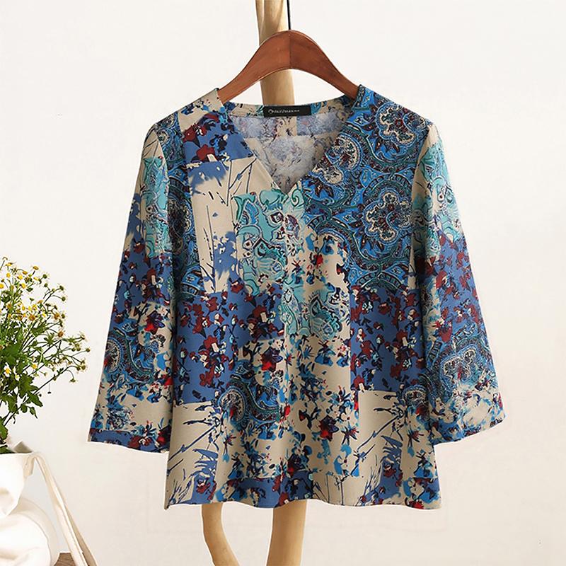 

ZANZEA Женская повседневная блузка с V-образным вырезом, свободным рукавом 3/4 и принтом 4XL синий