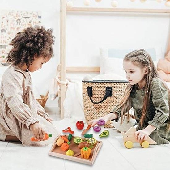 CARLORBO toy wooden play kitchen fresh vegetables fruits magnetic food set girls boys easy cut