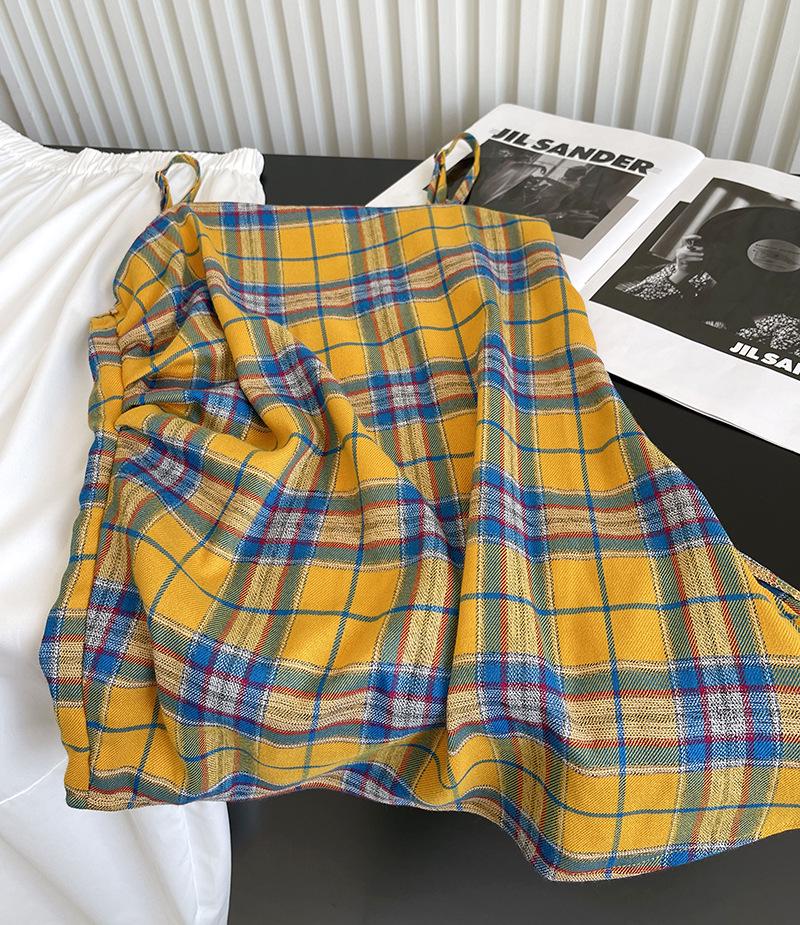 2024 Summer Orange Retro Color Block Plaid Irregular Camisole Sleeveless Top
