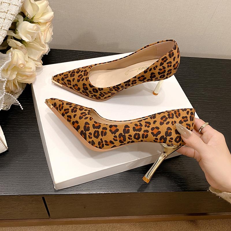 New Suede Side Empty High Heels Women's Thin Heels Fashion Light Mouth Sexy Versatile Pointed Professional Leopard Print Single Shoes