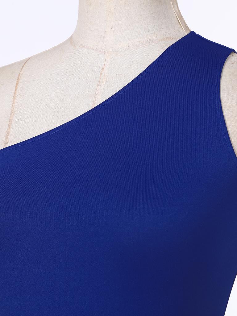 Womens One Shoulder Dance Dress Color Block Patchwork Design Asymmetrical Hem Sleeveless Performance Gown