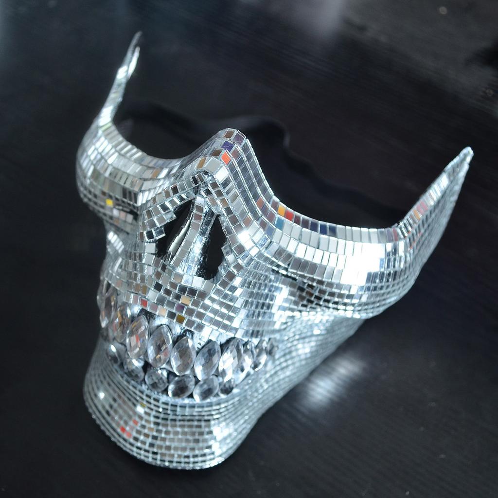 Crystal Skull Half Face Mask Dress Accessory Suitable for Halloween and Costume Parties with Reflective Disco Designs