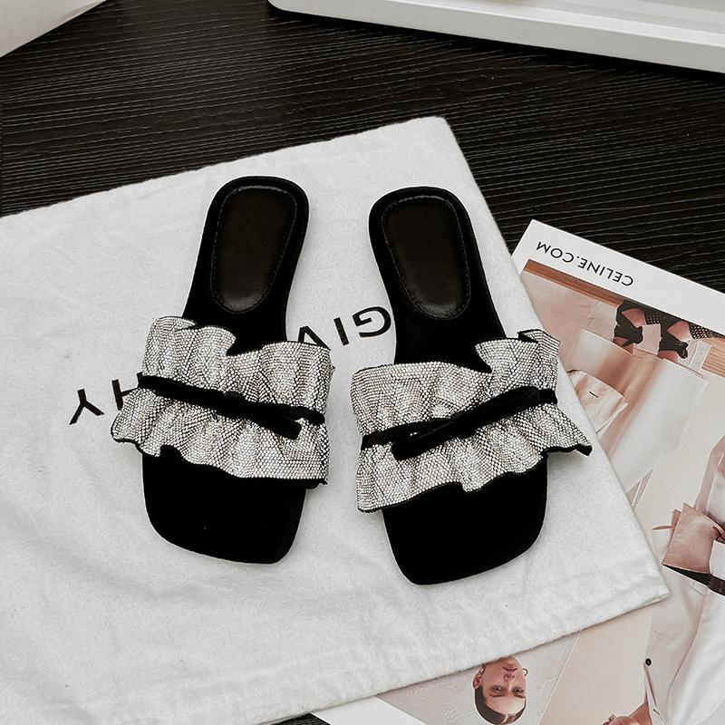 

Fashion New Summer Fashion Design PU Flat Heels Women s Shoes Square Toe Non Slip Rhinestone Slippers Bling Women Sandals Plus Size 42 35