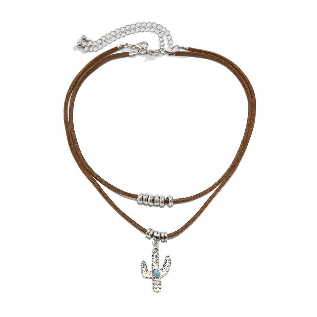 Vintage Ethnisches Türkis Kaktus Halsband mit Metallherz & Samt-Choker