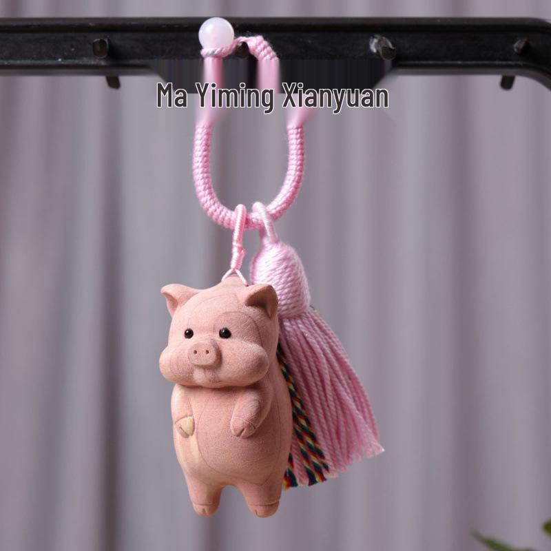 Violet Peach Wood Pig Pendant Keychain Ornament