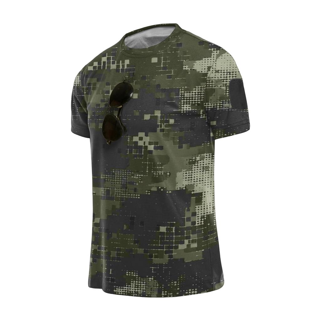 Men's Tactical Outdoor Quick Dry Short Sleeve T Shirt Loose Fit Breathable Crew Neck Camouflage Print with Hook and Loop Patch Area