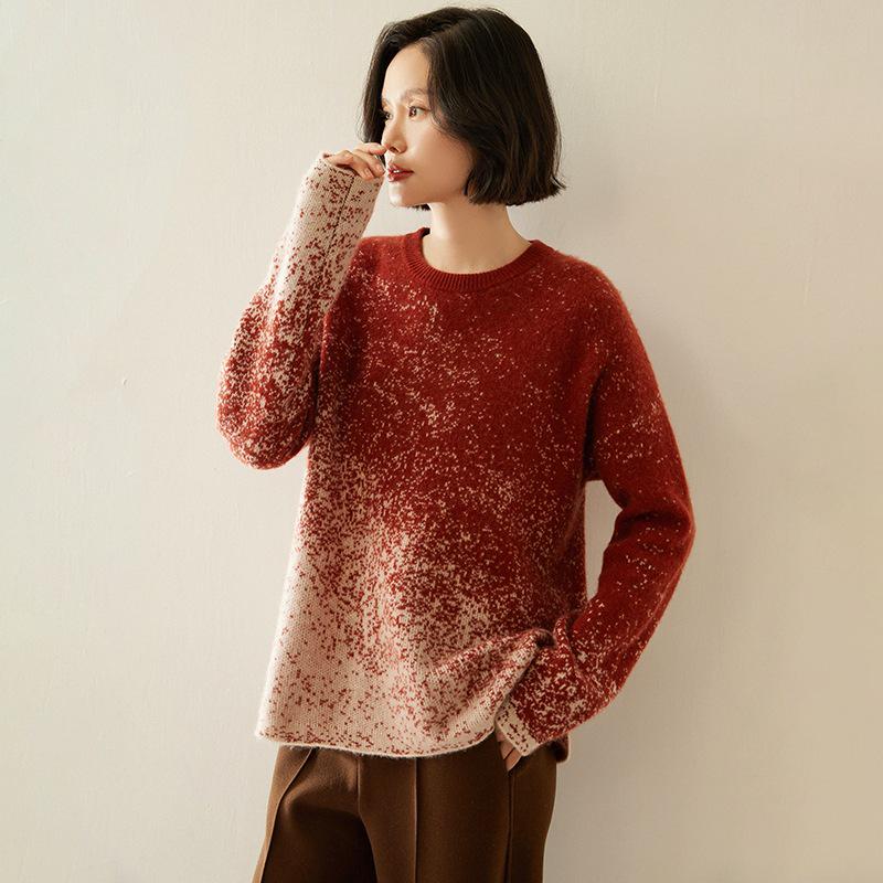 Women's Starry Sky Color Block Cashmere Sweater - Round Neck, Loose Fit, Autumn/Winter Style
